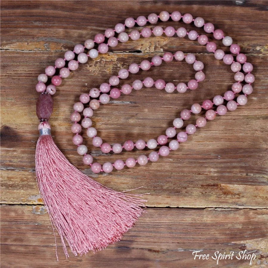 108 Natural Pink Rhodonite & Garnet Mala Bead Necklace - Image 3