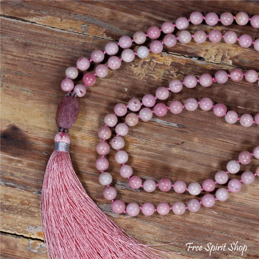 108 Natural Pink Rhodonite & Garnet Mala Bead Necklace - Image 4
