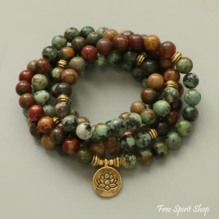 108 Natural Red Jasper & African Turquoise Mala Bracelet