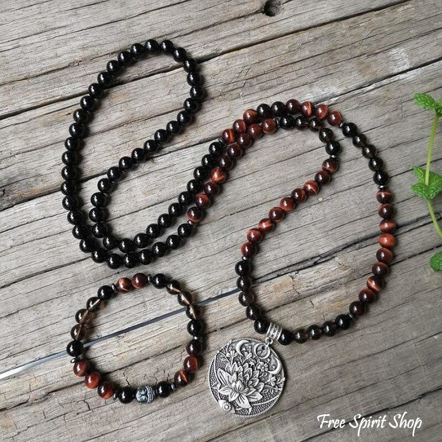 108 Natural Red Tiger Eye Black Onyx & Smoky Quartz Mala Beads