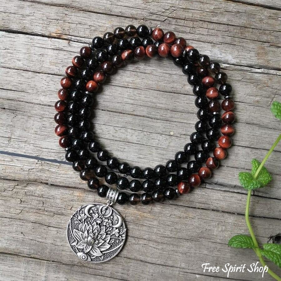 108 Natural Red Tiger Eye Black Onyx & Smoky Quartz Mala Beads - Image 2