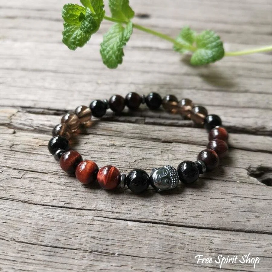 108 Natural Red Tiger Eye Black Onyx & Smoky Quartz Mala Beads - Image 3
