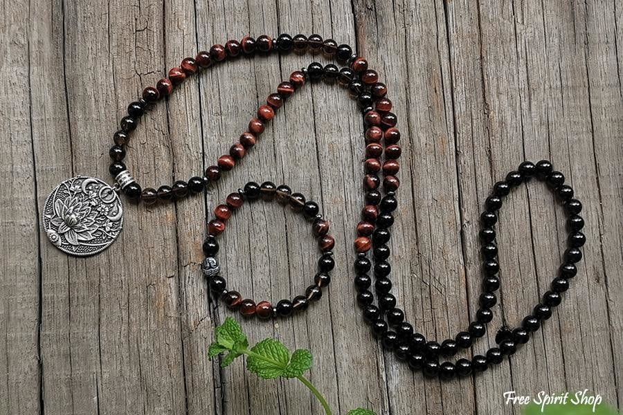 108 Natural Red Tiger Eye Black Onyx & Smoky Quartz Mala Beads - Image 4