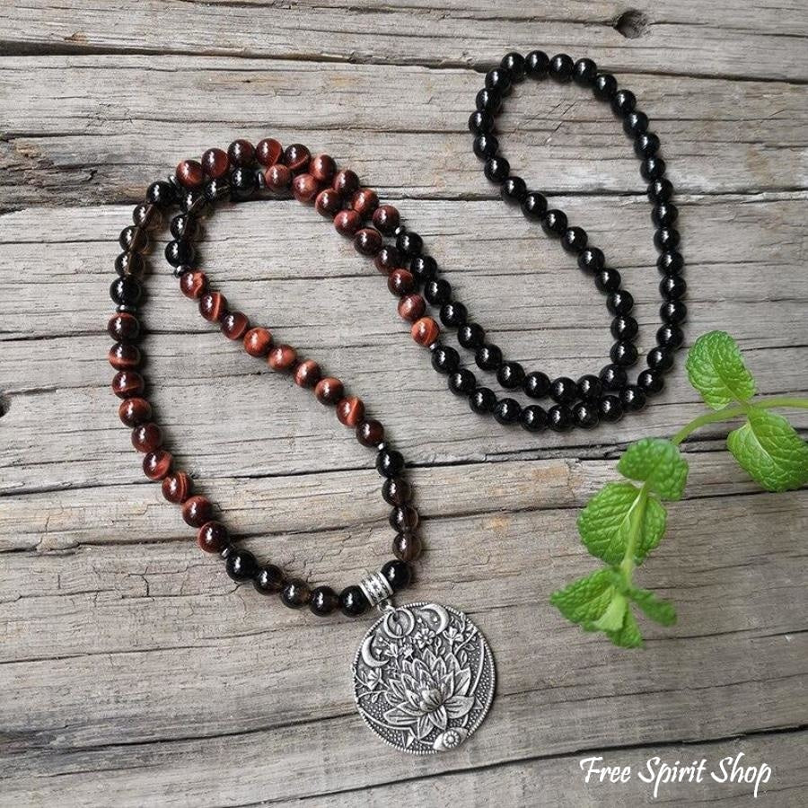 108 Natural Red Tiger Eye Black Onyx & Smoky Quartz Mala Beads - Image 5