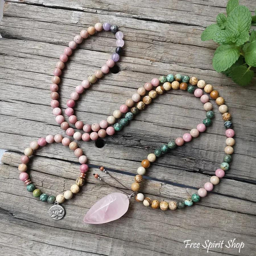 108 Natural Rhodonite African Turquoise & Rose Quartz Mala Bead Necklace - Image 3