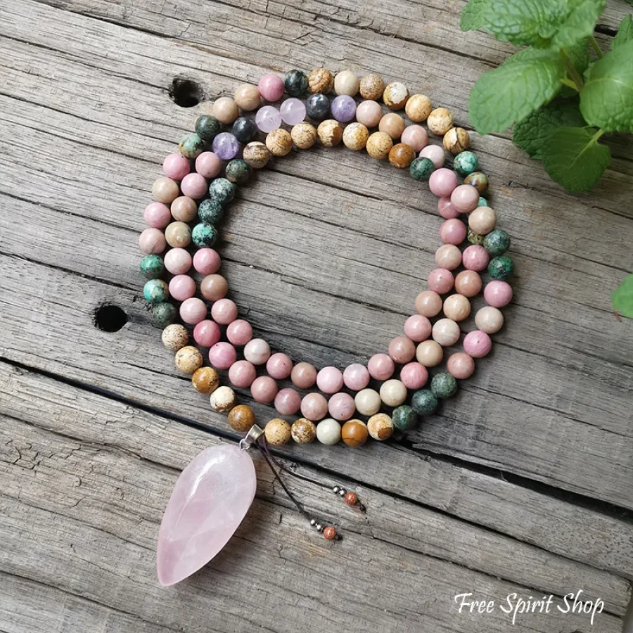 108 Natural Rhodonite African Turquoise & Rose Quartz Mala Bead Necklace - Image 4
