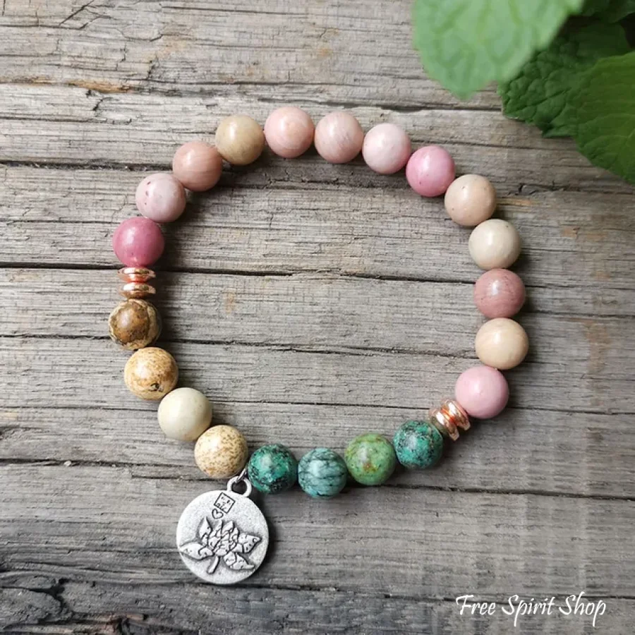 108 Natural Rhodonite African Turquoise & Rose Quartz Mala Bead Necklace - Image 5