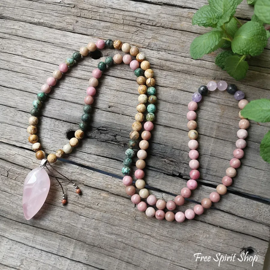108 Natural Rhodonite African Turquoise & Rose Quartz Mala Bead Necklace - Image 6