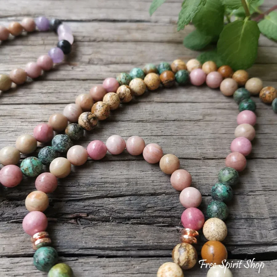 108 Natural Rhodonite African Turquoise & Rose Quartz Mala Bead Necklace - Image 7