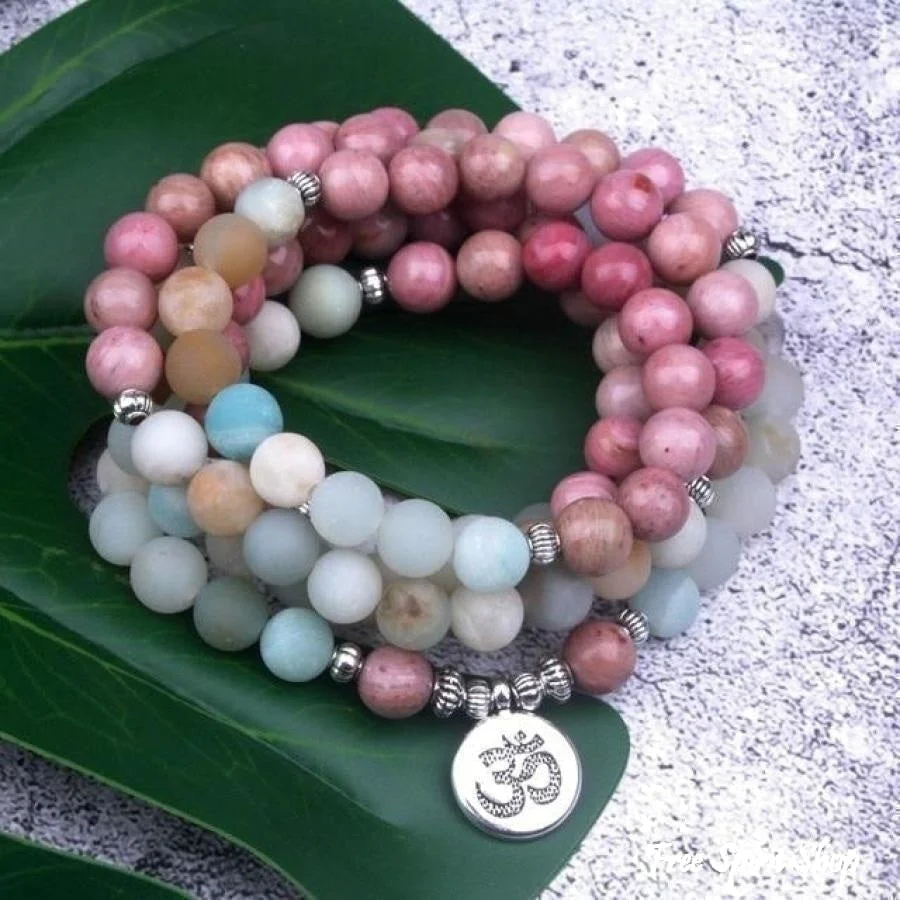 108 Natural Rhodonite and Matte Amazonite Mala Bead Bracelet - Image 4