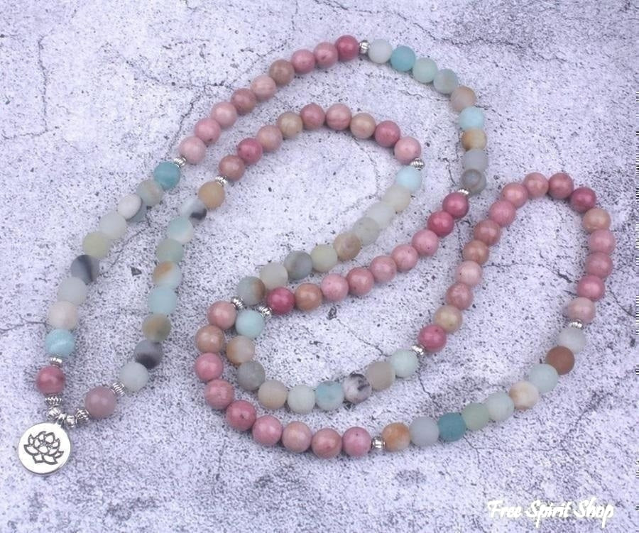 108 Natural Rhodonite and Matte Amazonite Mala Bead Bracelet - Image 5