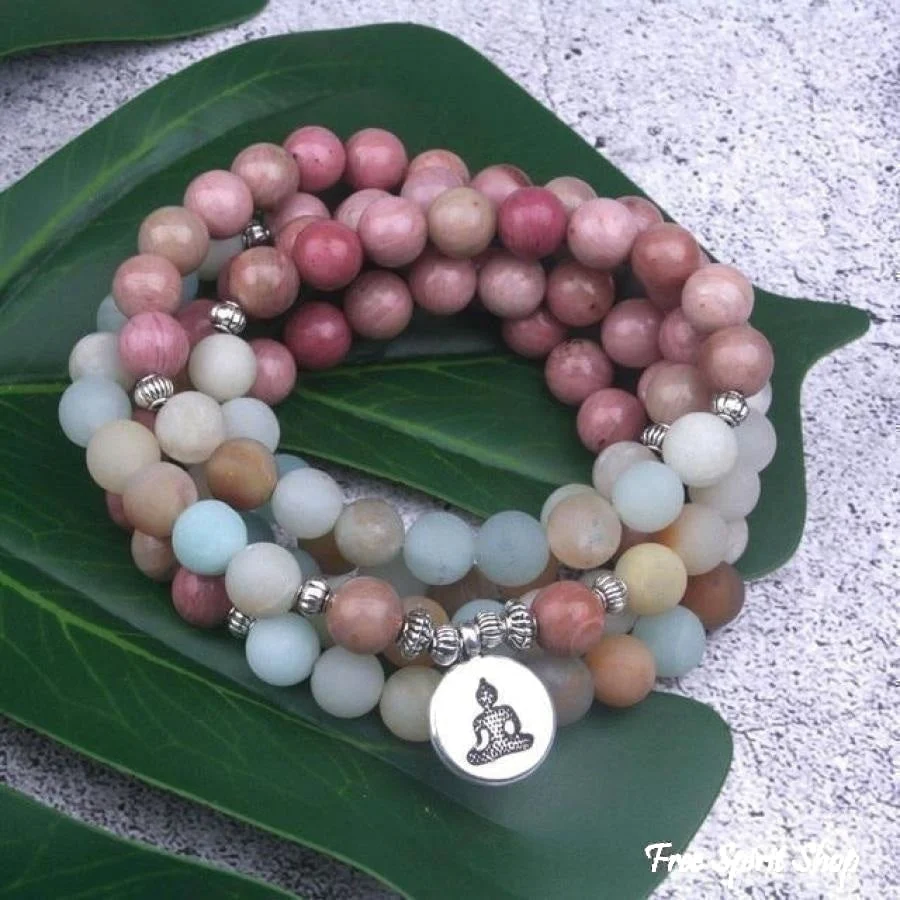 108 Natural Rhodonite and Matte Amazonite Mala Bead Bracelet - Image 6