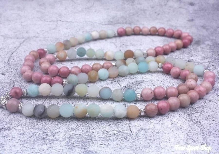 108 Natural Rhodonite and Matte Amazonite Mala Bead Bracelet - Image 7