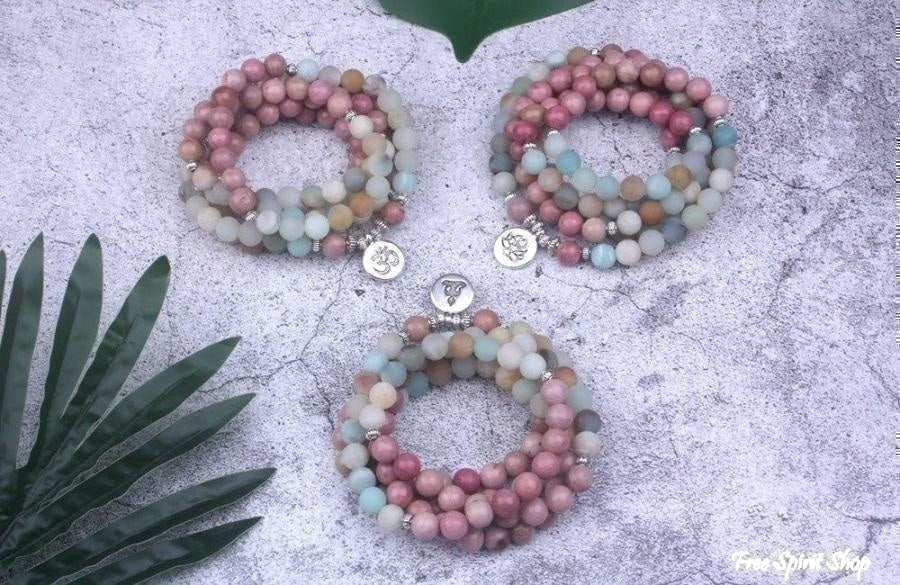 108 Natural Rhodonite and Matte Amazonite Mala Bead Bracelet - Image 8