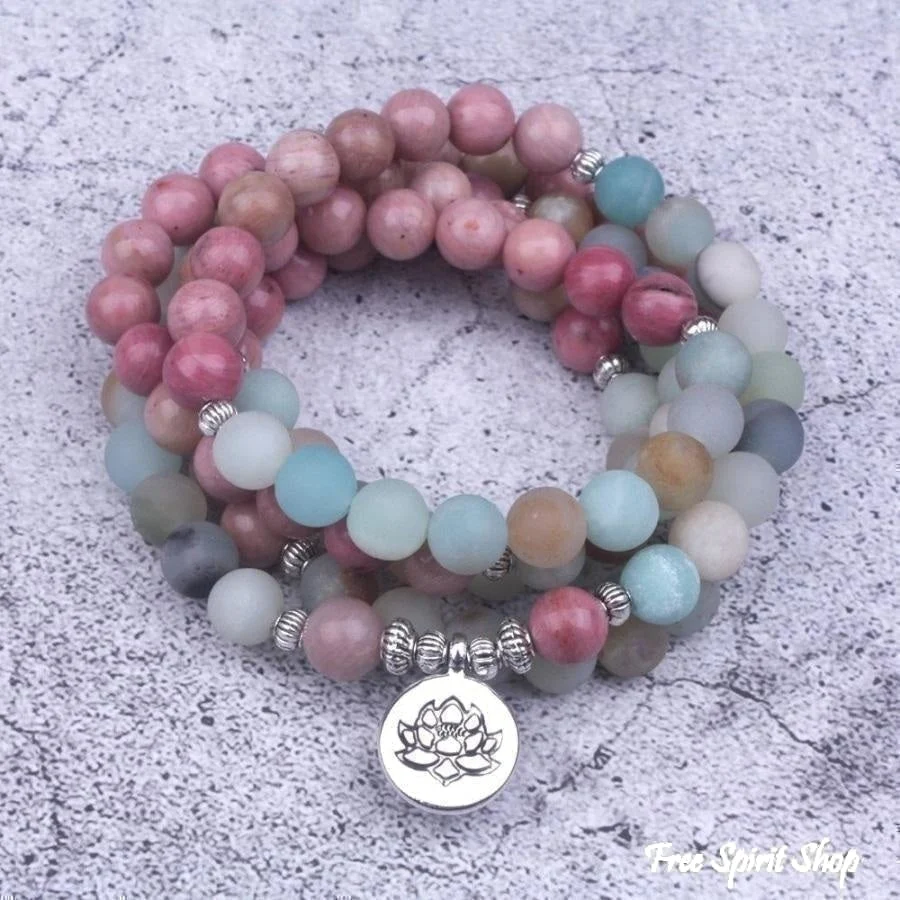 108 Natural Rhodonite and Matte Amazonite Mala Bead Bracelet - Image 9