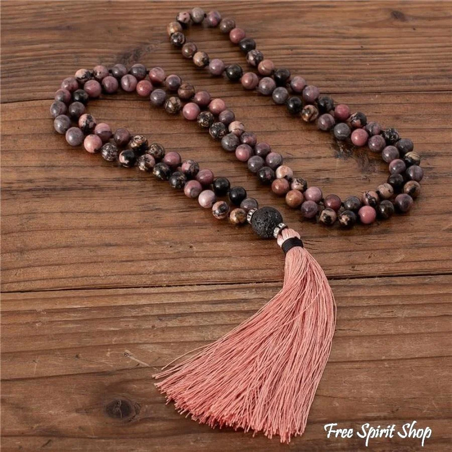 108 Natural Rhodonite & Black Lava Stone Mala Bead Necklace - Image 2