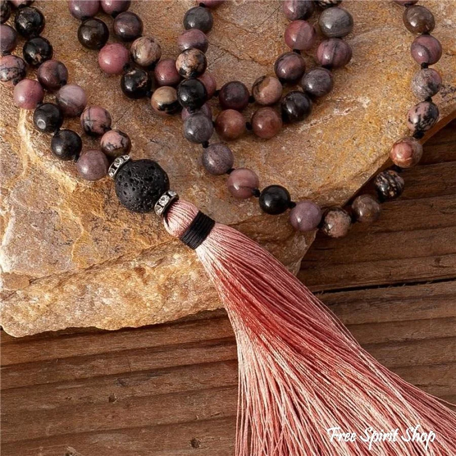 108 Natural Rhodonite & Black Lava Stone Mala Bead Necklace - Image 3