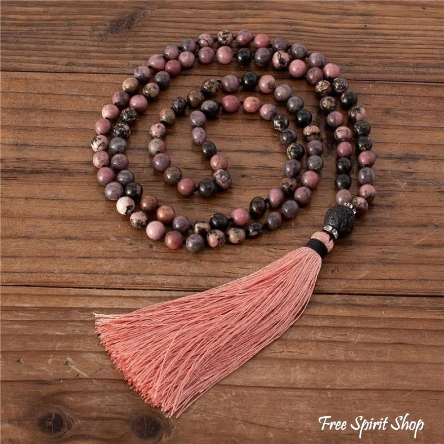 108 Natural Rhodonite & Black Lava Stone Mala Bead Necklace - Image 4