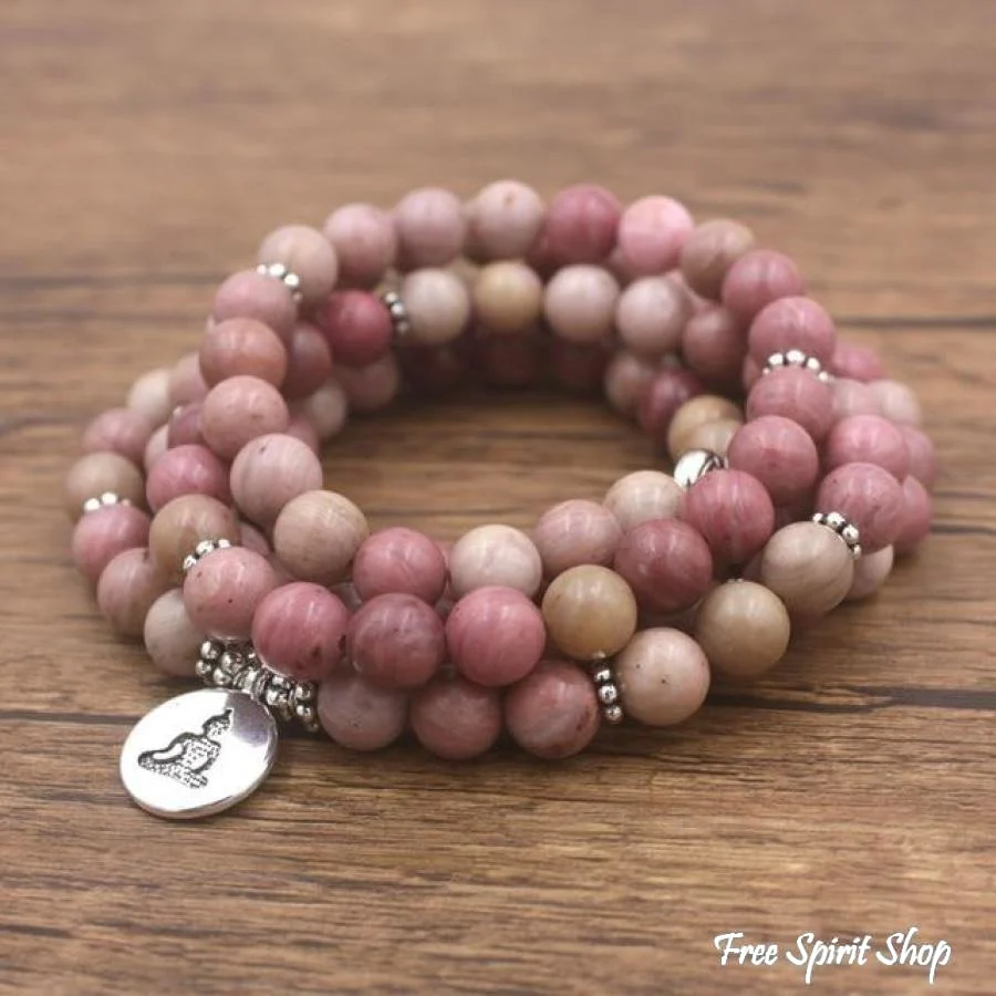 108 Natural Rhodonite Gemstone Mala Bead Bracelet - Image 3