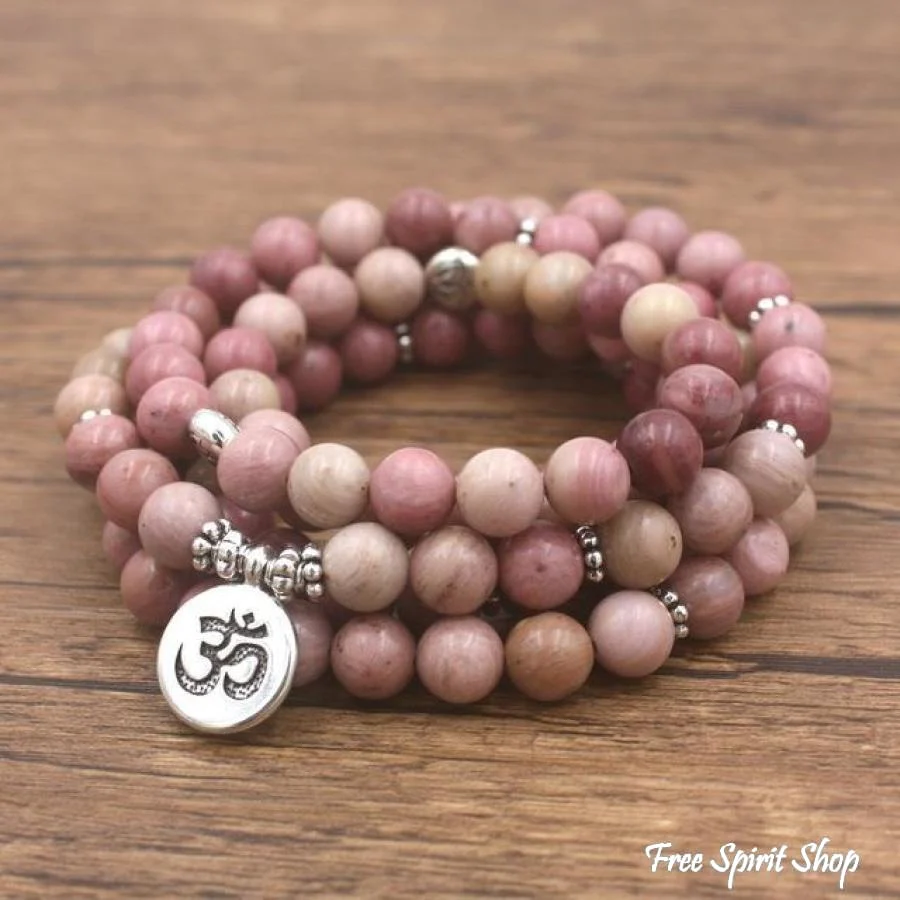 108 Natural Rhodonite Gemstone Mala Bead Bracelet - Image 4