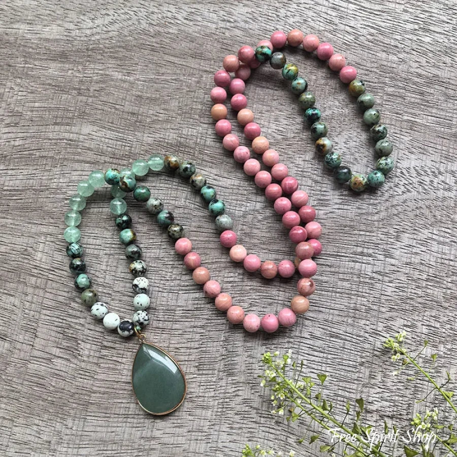 108 Natural Rhodonite, Green Aventurine & African Turquoise Mala Necklace - Image 10