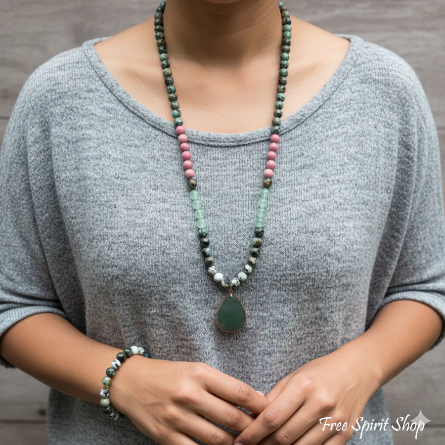 108 Natural Rhodonite, Green Aventurine & African Turquoise Mala Necklace - Image 3