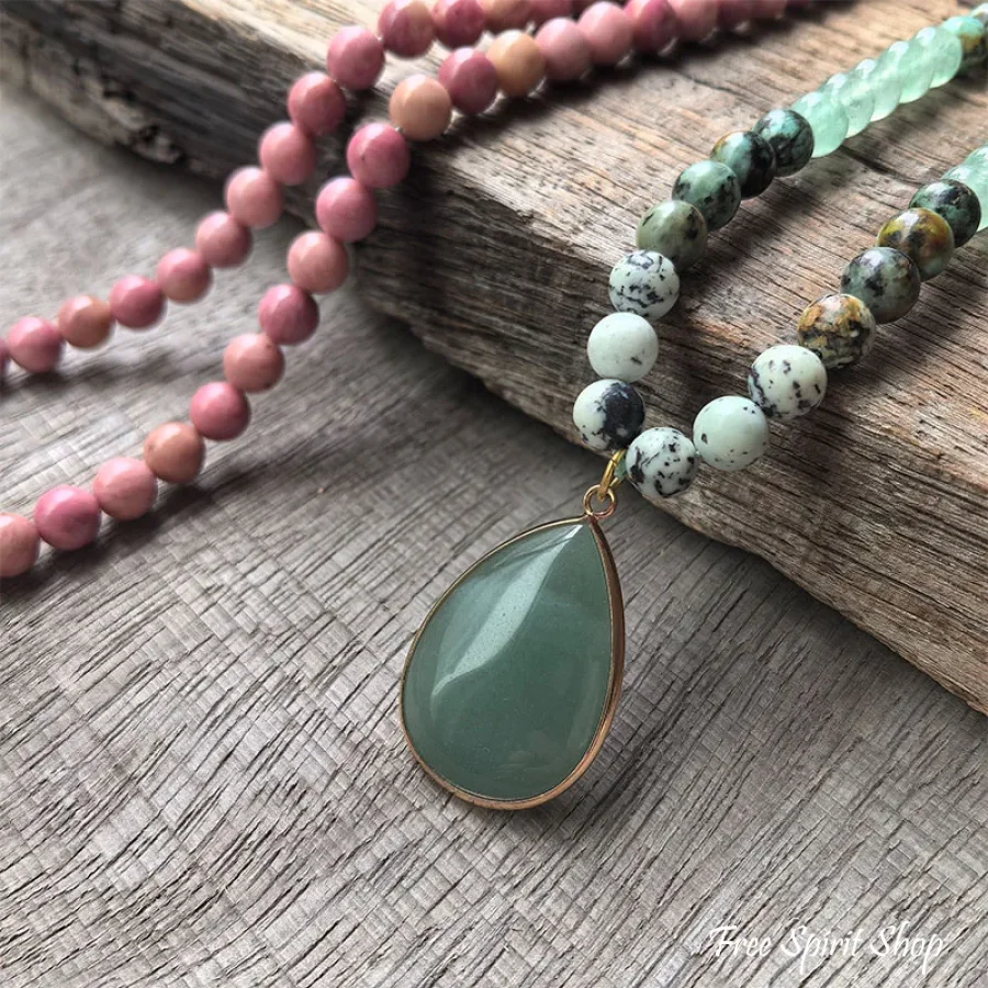 108 Natural Rhodonite, Green Aventurine & African Turquoise Mala Necklace - Image 4