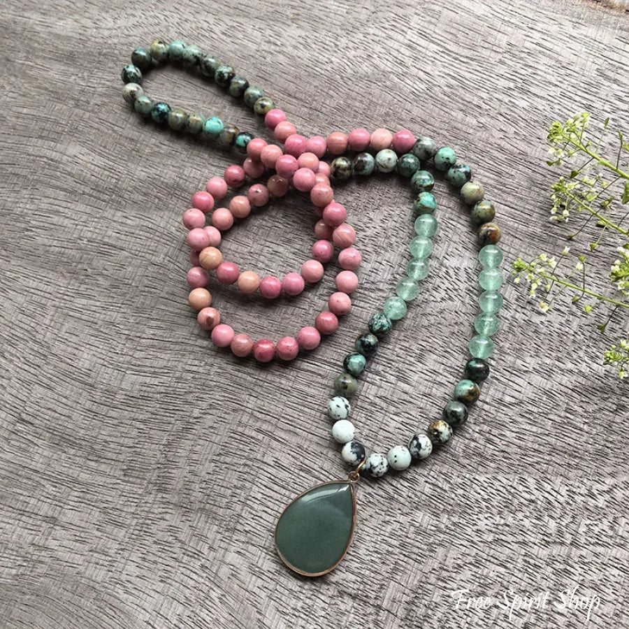 108 Natural Rhodonite, Green Aventurine & African Turquoise Mala Necklace - Image 5