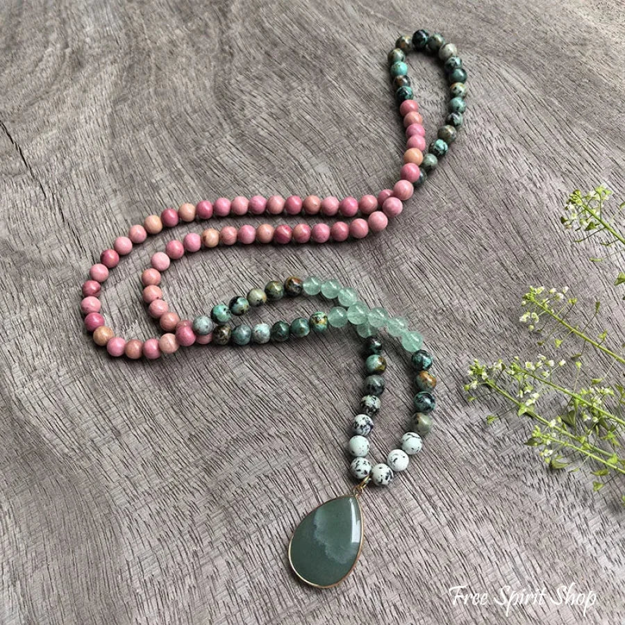 108 Natural Rhodonite, Green Aventurine & African Turquoise Mala Necklace - Image 6