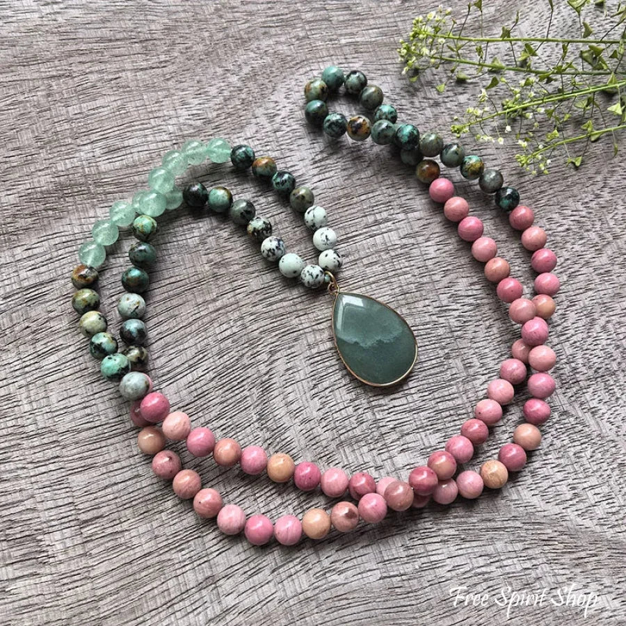 108 Natural Rhodonite, Green Aventurine & African Turquoise Mala Necklace - Image 7