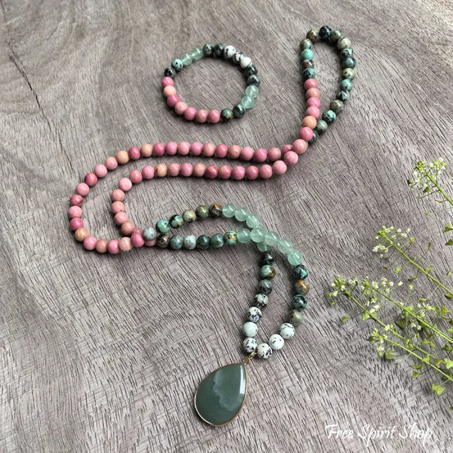 108 Natural Rhodonite, Green Aventurine & African Turquoise Mala Necklace - Image 9