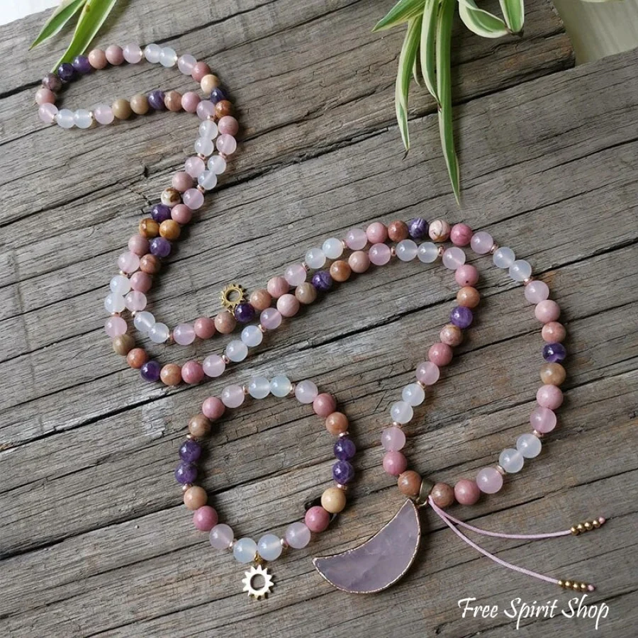 108 Natural Rhodonite Rose Quartz & Amethyst Moon Mala Beads