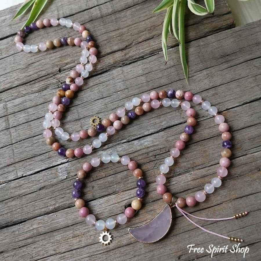108 Natural Rhodonite Rose Quartz & Amethyst Moon Mala Beads - Image 2