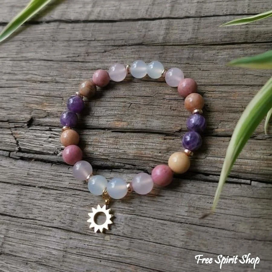 108 Natural Rhodonite Rose Quartz & Amethyst Moon Mala Beads - Image 3