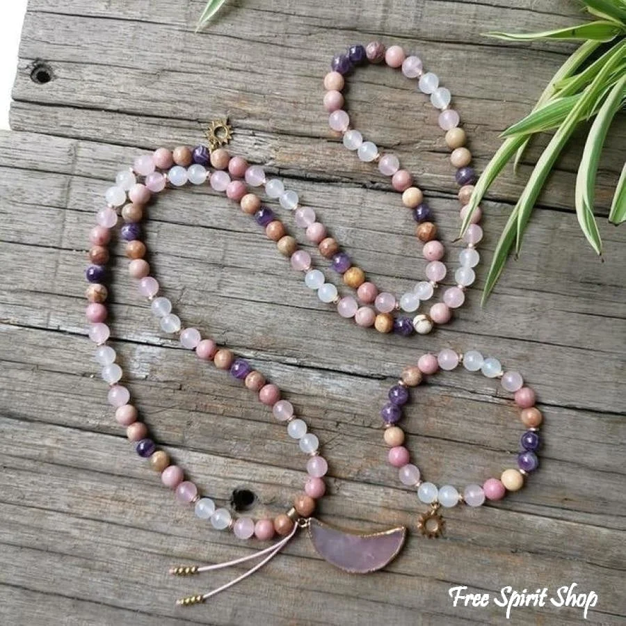 108 Natural Rhodonite Rose Quartz & Amethyst Moon Mala Beads - Image 4