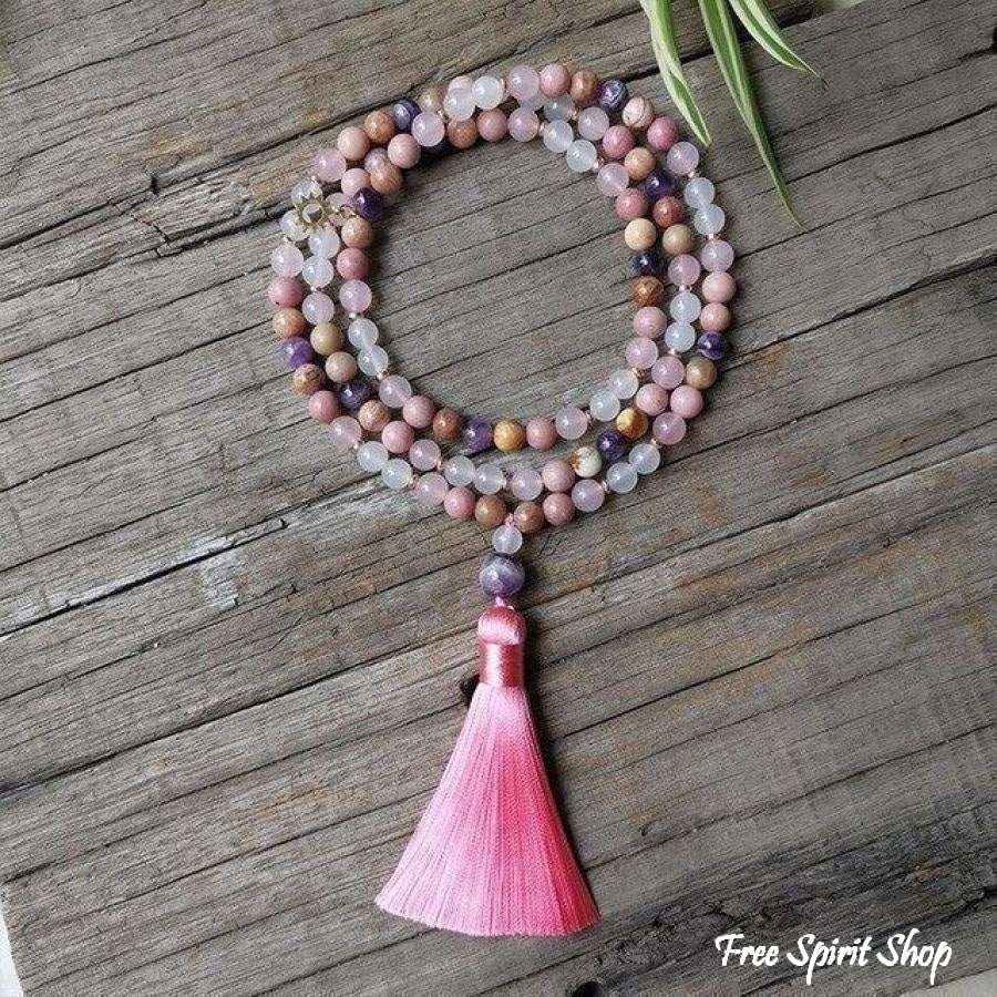 108 Natural Rhodonite Rose Quartz & Amethyst Moon Mala Beads - Image 5