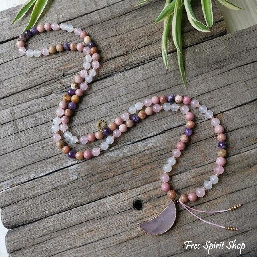 108 Natural Rhodonite Rose Quartz & Amethyst Moon Mala Beads - Image 6