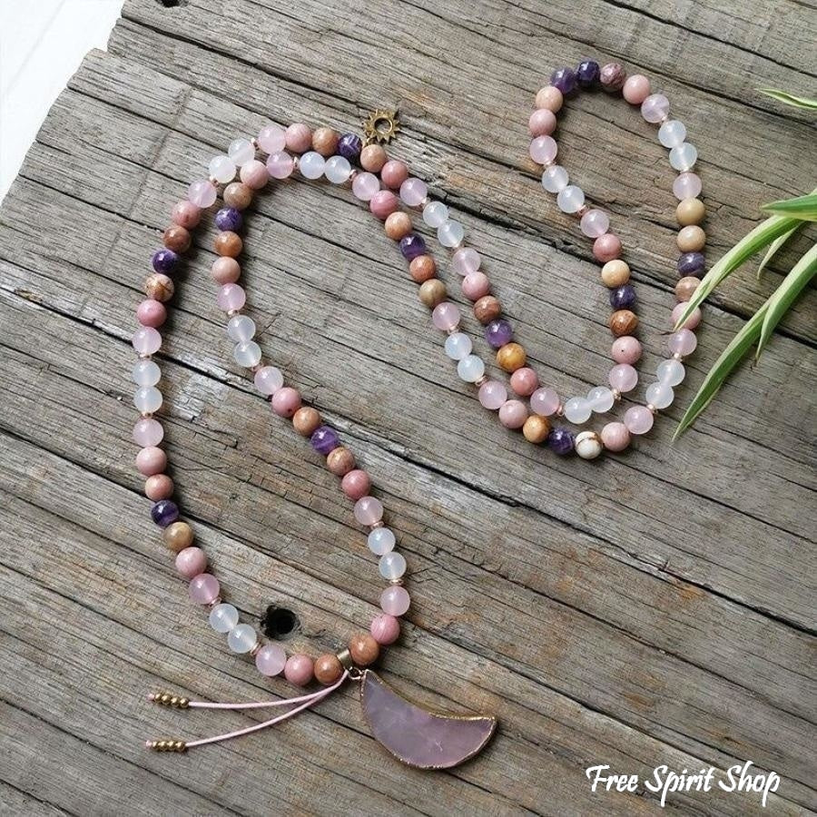 108 Natural Rhodonite Rose Quartz & Amethyst Moon Mala Beads - Image 7