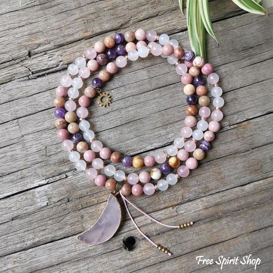 108 Natural Rhodonite Rose Quartz & Amethyst Moon Mala Beads - Image 8