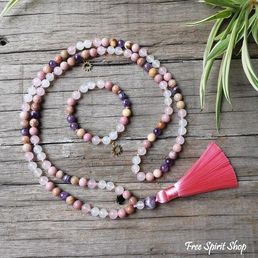 108 Natural Rhodonite Rose Quartz & Amethyst Moon Mala Beads - Image 9