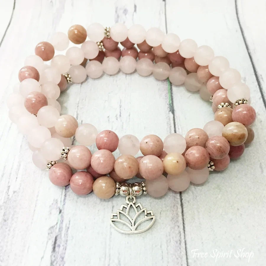 108 Natural Rhodonite & Rose Quartz Lotus Mala Beads - Image 3
