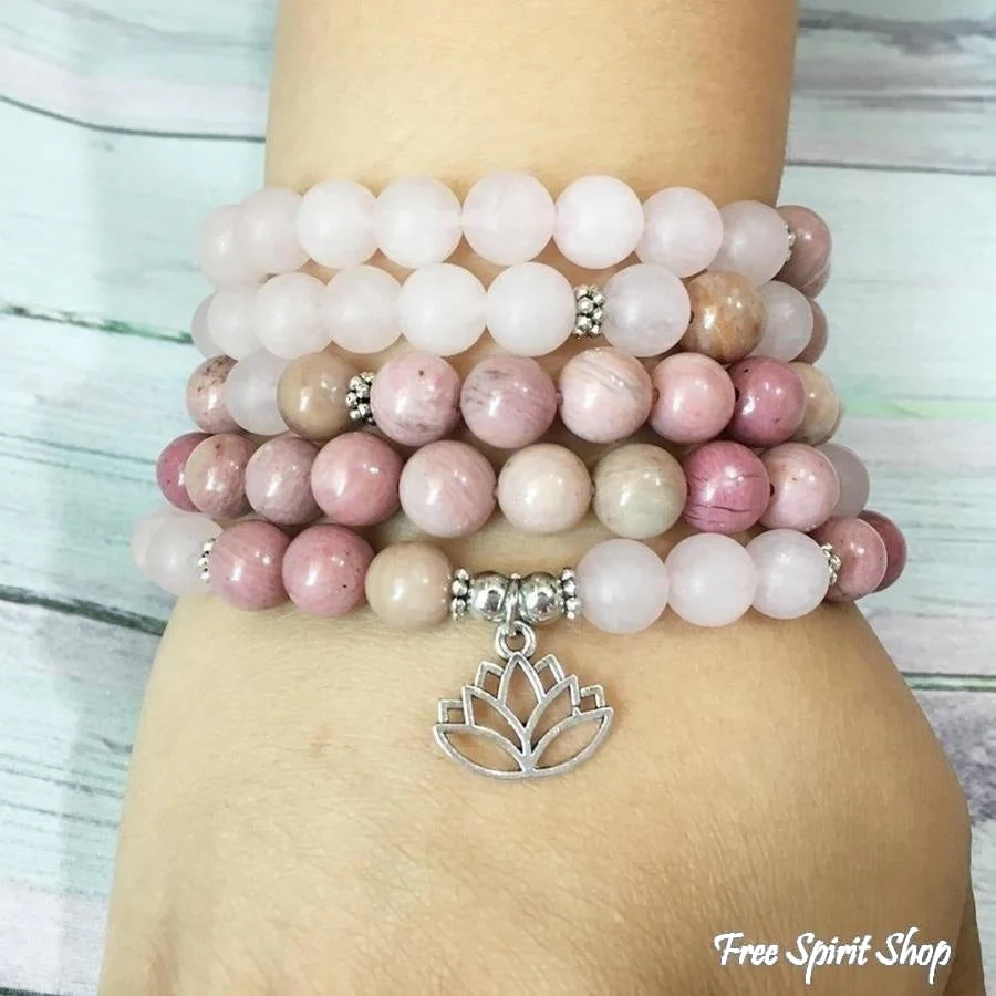 108 Natural Rhodonite & Rose Quartz Lotus Mala Beads - Image 4