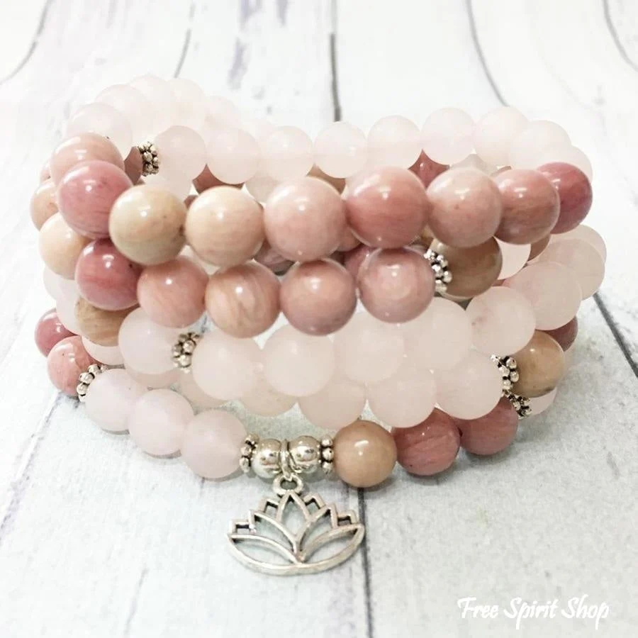 108 Natural Rhodonite & Rose Quartz Lotus Mala Beads - Image 5