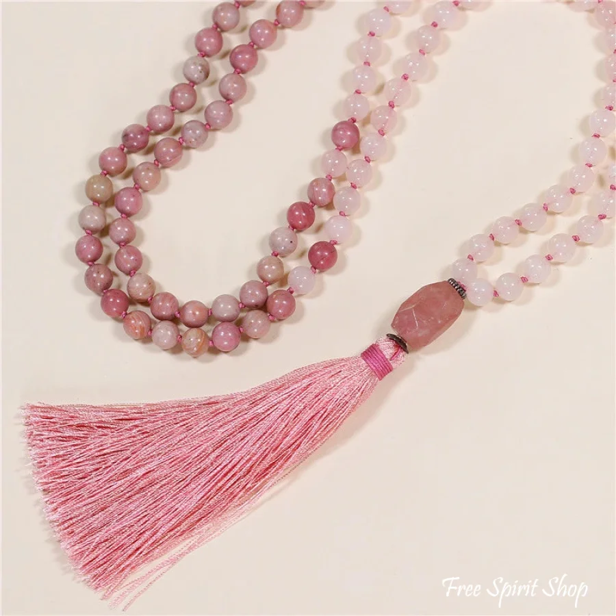 108 Natural Rhodonite & Rose Quartz Mala Bead Necklace - Image 2