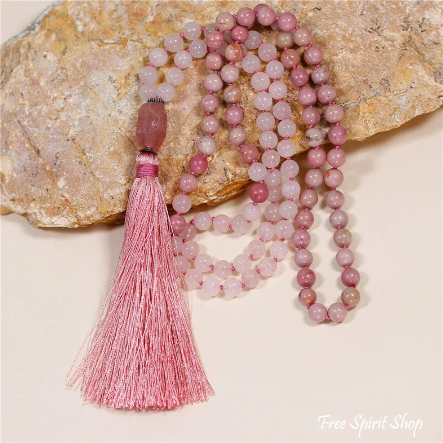 108 Natural Rhodonite & Rose Quartz Mala Bead Necklace - Image 3