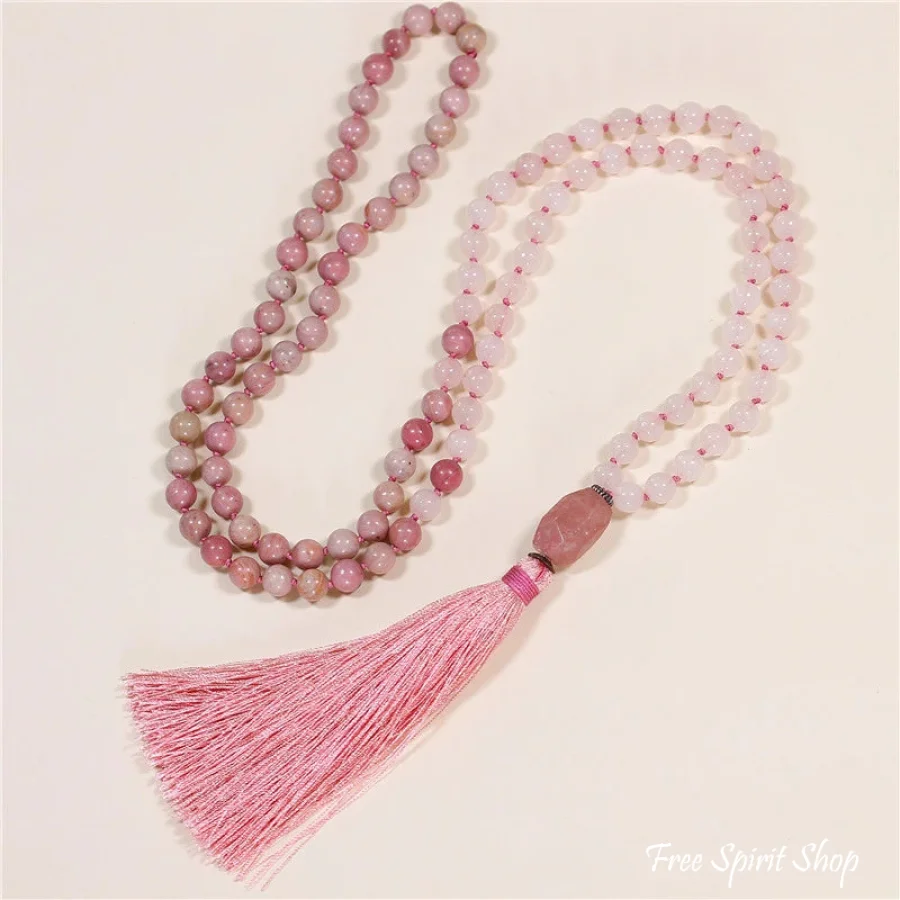 108 Natural Rhodonite & Rose Quartz Mala Bead Necklace - Image 4