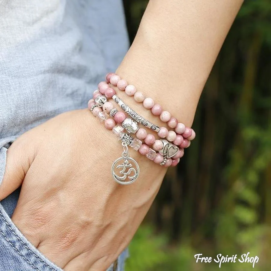 108 Natural Rhodonite & Spiritual Charms Mala Beads - Image 4