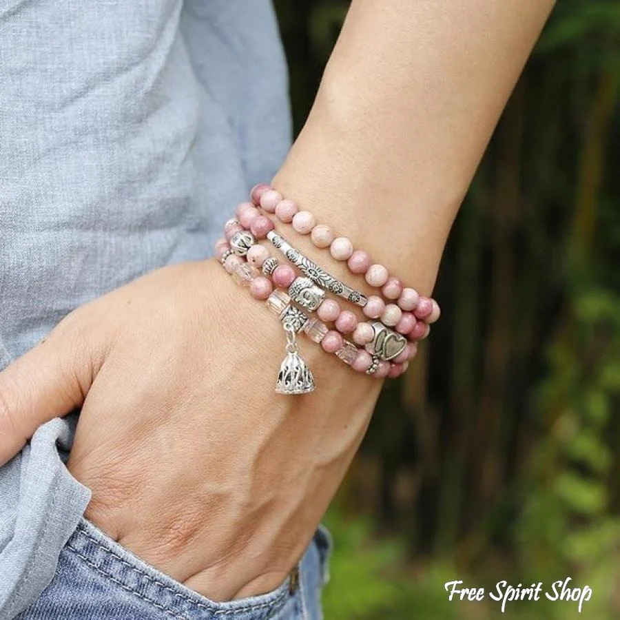 108 Natural Rhodonite & Spiritual Charms Mala Beads - Image 5
