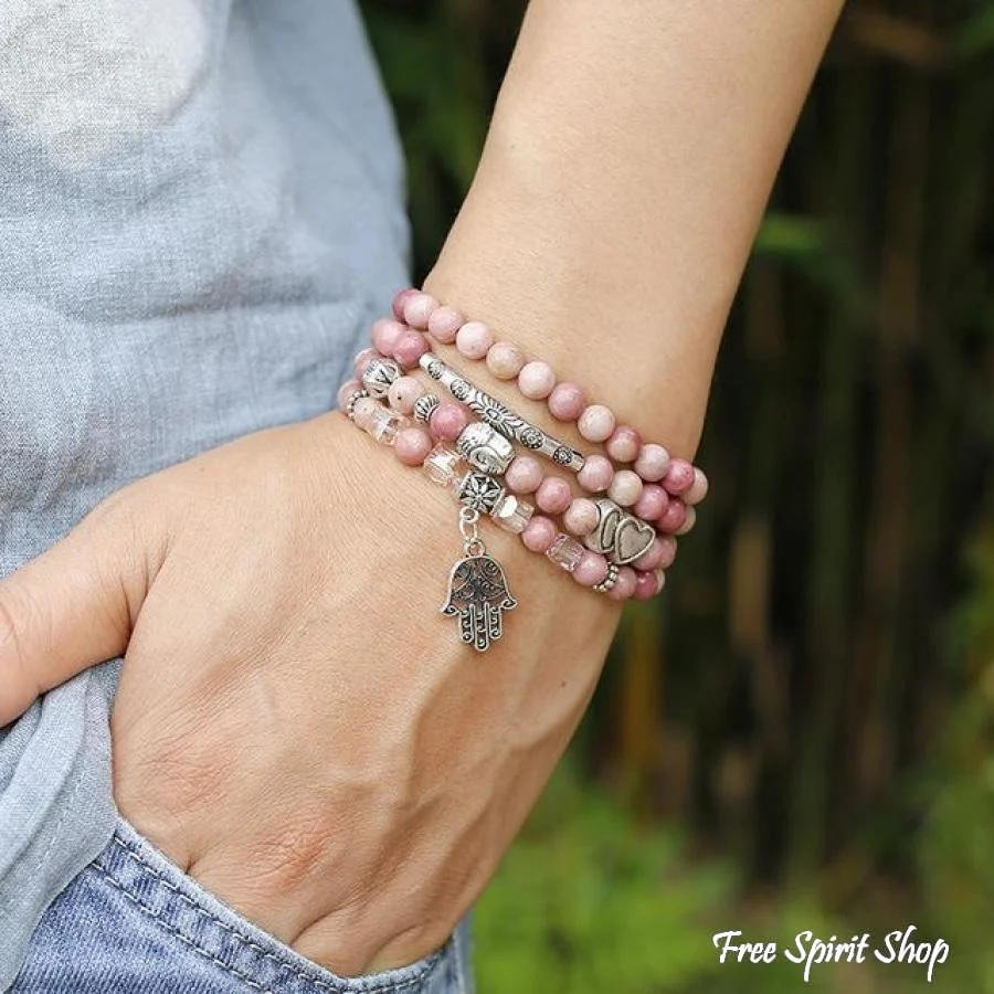 108 Natural Rhodonite & Spiritual Charms Mala Beads - Image 6