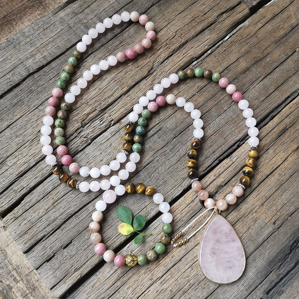 108 Natural Rose Quartz African Turquoise Tiger Eye & Rhodonite Mala Stone Bead Necklace - Image 3